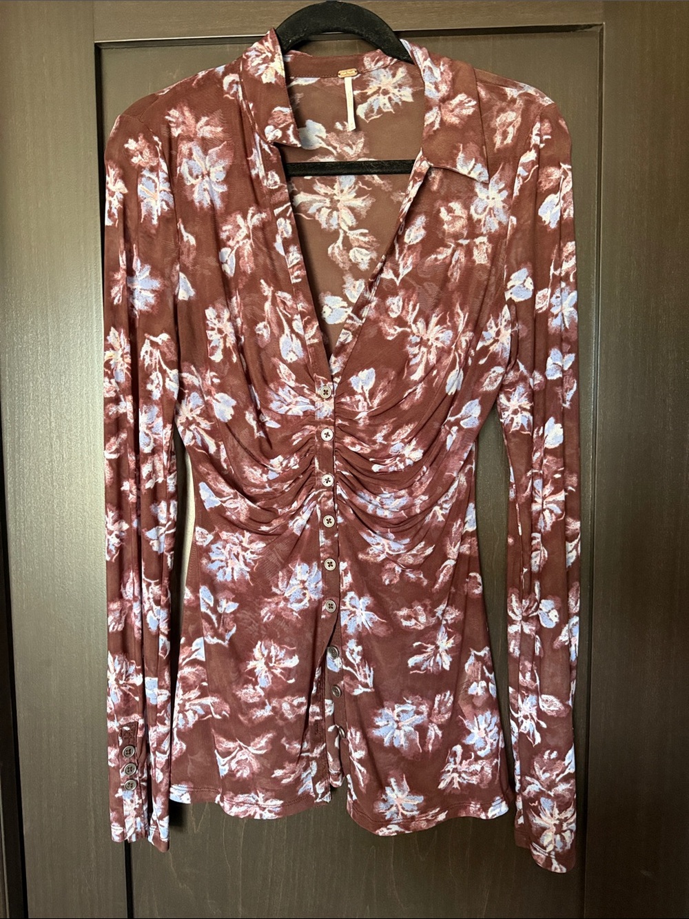 Free People Rust Floral Ruched Button-Front Blouse